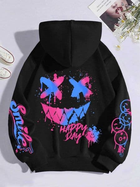 Happy Day Graffiti Print Women Hoodie Strt Hip Hop Hoody Fashion Crewneck Versatile Hoodies Vintage Oversize Clothes Female L260507