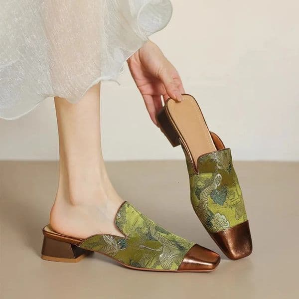 Shoes Cover Toe Mules For Women Ladies Slippers Flower Pantofle Low Slides Pointed Flat Hoof Heels 260507