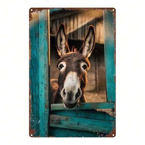 Farmhouse Donkey Metal Wall Art 8x12 Inch - Rustic Vintage Iron Sign with Blue Barn Fence Design, Durable Farm Animal Decor for 26H0507