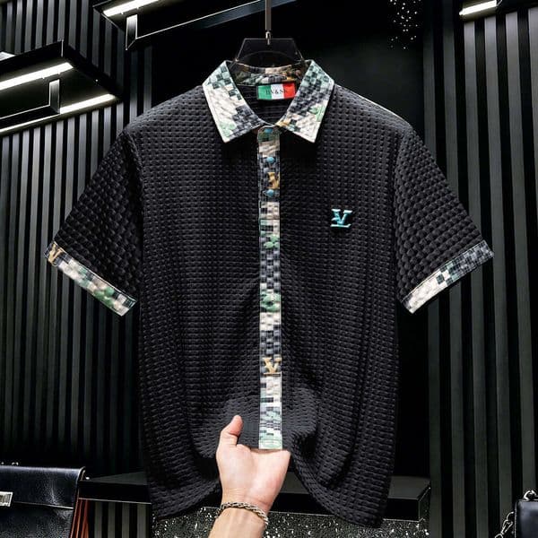 European Style Business Casual Brand Letter-Printed Lapel Short-Sleeve Summer Plaid Patchwork Polo Shirt For Men With Embroidery