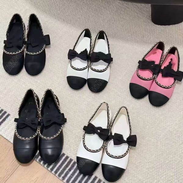 Round-toe real leather Bow shoes Mary Jane Ballet a strap loafers ballerina Flat dress Bowtie Luxury designer shoes womens