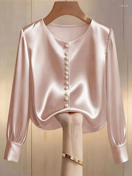 Women's Blouses Pink Silky Satin Blouse Elegant Round Neck Long Sleeves Pearl Buttons Business Casual Office Shirt All Season Daily Top