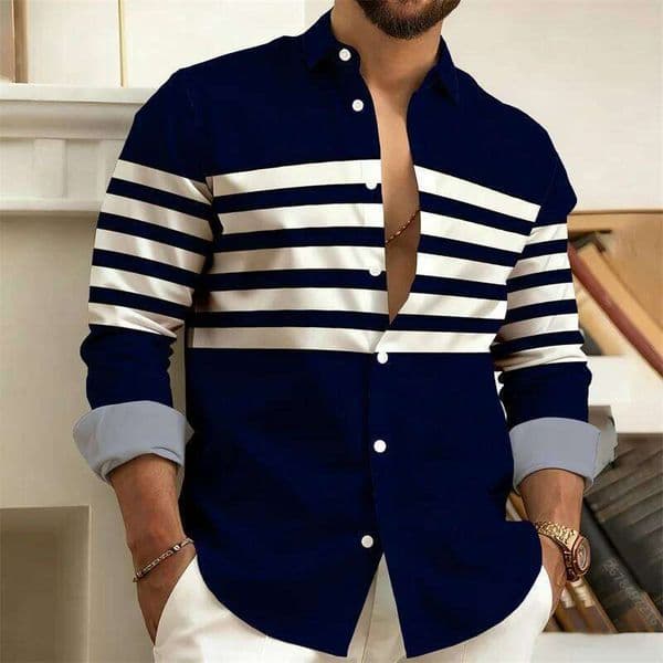 Men's striped long-sleeved shirt, outdoor street style casual shirt for men, fashionable lapel men's top, comfortable fabric. 26W0507