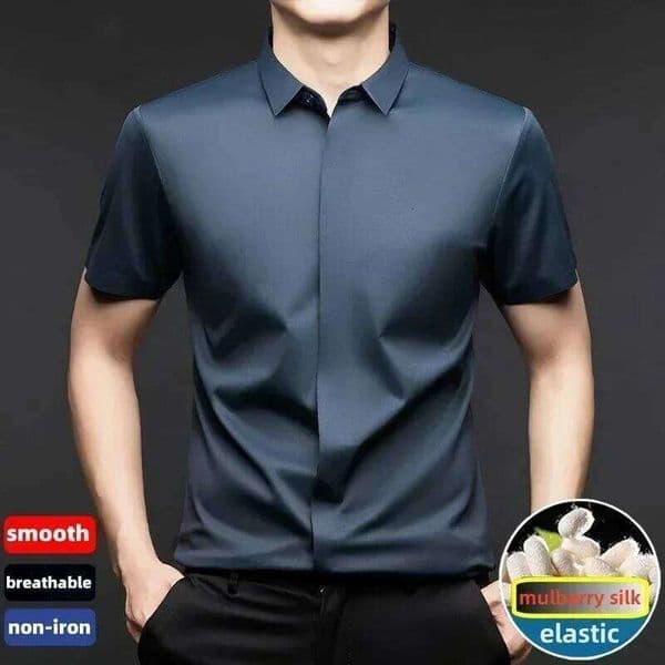 High end Mulberry Silk Dress Shirts Business Men Wrinkle Resistant Button Invisible Elastic Tops Luxurious Male Quality Clothing 26W0507