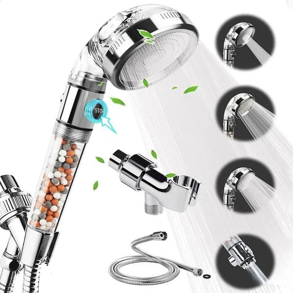 Luxury Designer Decor Shower Head High Pressure Water Saving With On/Off Switch Stop Button Ionic Mineral Anion 3 room Modes Handheld Bathro 10