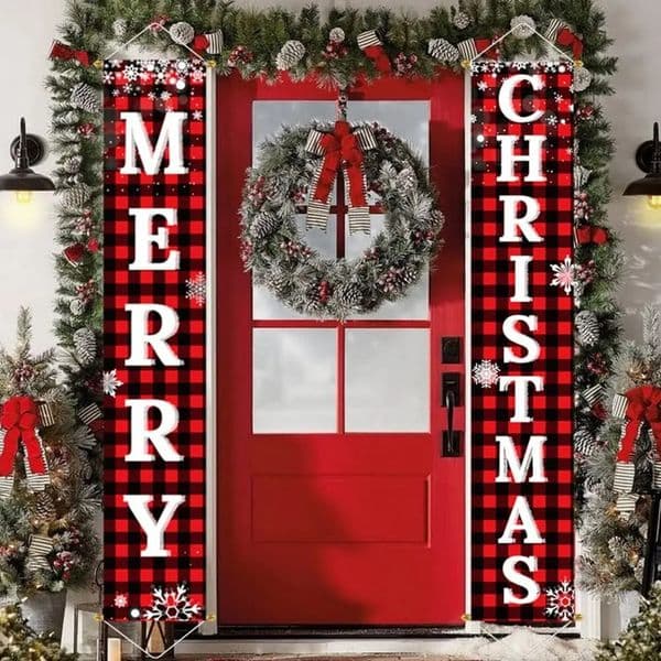 Luxury Designer Decor room Ivenf Porch Sign Set, Red Black Buffalo Plaid Banner, Hanging Merry Christmas Decorations For Home, Indoor Outdoo 1016