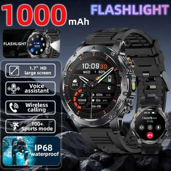 2026 New 1000mAh Battery T-Rex 3 Smart IP69K Waterproof GPS HD BT Call 100+Sports Watch with Flashlight 26Y0507