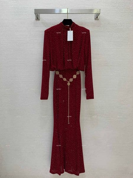 Top Stand collar women dress Summer lady dresses women designer clothes skirt long sleeved dress+complimentary gold waist chain A001X01N099