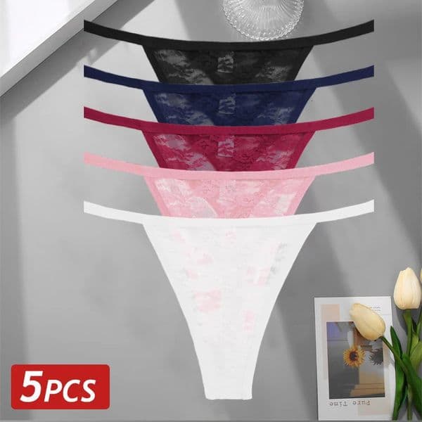 5PCS Women Cotton Panties Sexy Floral Lace Thongs Low-Waist Solid Color G-String Underpants T-Back Ladies Breathable Lingerie 260507