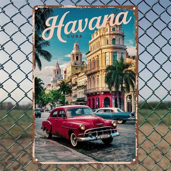 Room Vintage Havana Cuba Metal Tin Sign, Aluminum Wall Art Decor for Home, Bar, Cafe, Office - Retro Car and Cityscape 26H0507