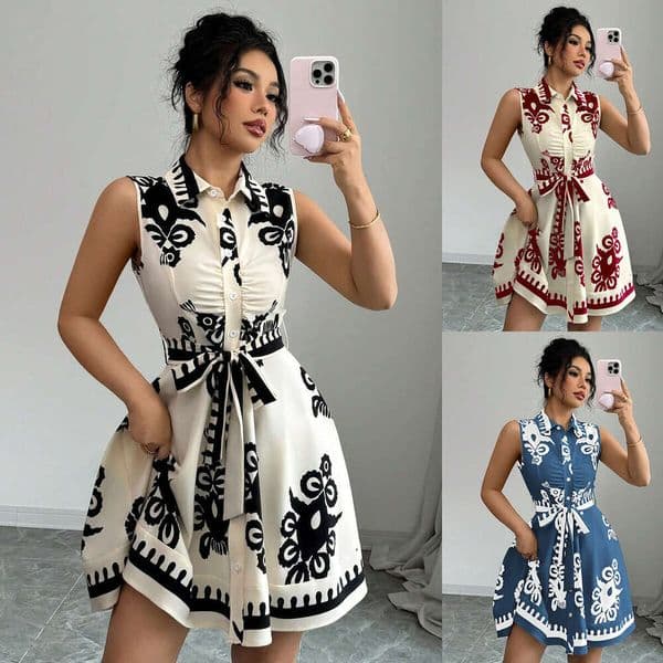 2026 Summer New Designer European and American Women's Fashion Printed Waist Sleeveless Dress