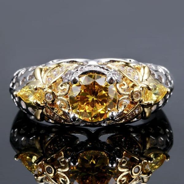 y Yellow Cubic Zirconia Ring Two Tone Gold Silver Plated Vintage Flower n Engagement Ring 260506