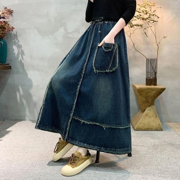 Skirts 2026Denim Spring Solid Color Sanding Pocket Washed Bleached Elastic Waist Shiring Loose Female Tide A-Line Skirt