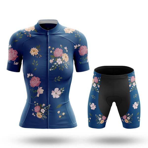 Navy Flower Cycling Jersey Womens Set Breathable Biking Outfit Quick-Dry Bib Bicycle Jersey with 19D Padded Shorts