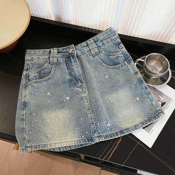 Womens Star Rhinestone Denim Skirts Y2K Style Summer Sparkly Diamonds Slim A-Line Short Skirt Streetwear Club Party Jean Skirt C260507