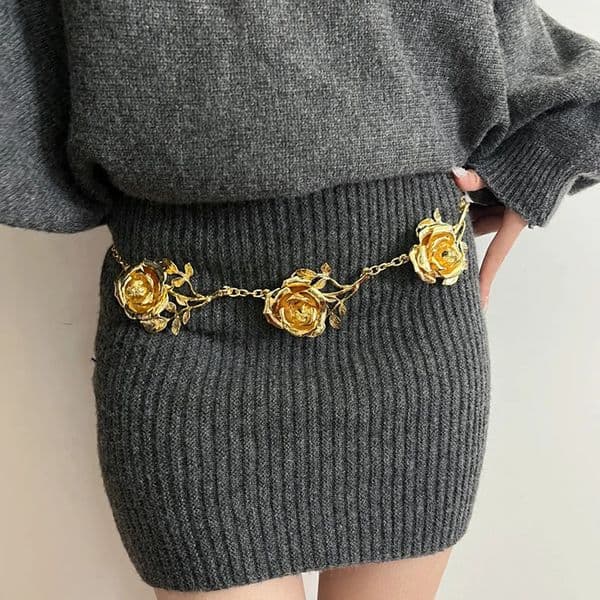 fashion retro small fragrance gold color rose waist chain womens advanced sense of metal chain thin belt accessories 260506