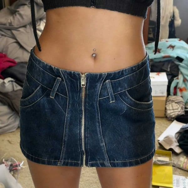 Xingqing Summer Denim Skirt Elegant Women Solid Color Stretchy Low Waist Zip Up Mini Skirts Party Skirts for Casual Daily Wear C260507