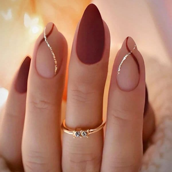 Women Girls 24PcsSet Medium Drop Shape French Red Gold Line Matte Surface Full Coverage Wearable Fake Nail Press on Nail Art 260506