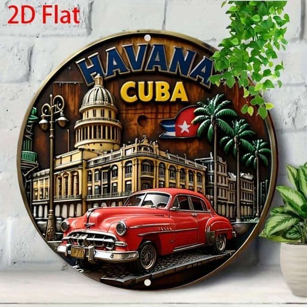 2D Flat 1pc Vintage Cuban-Themed Metal Wall Art - 7.87" Round Aluminum Tin Sign with Red Car, Palm Trees, and Historic Buildings 26H0507