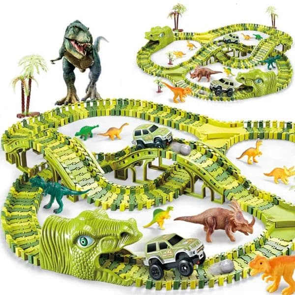 Luxury Designer room Decor DIY Plastic Racing Set Dinosaur Railway Flexible Race Track Electronic Flash Light Car Toys For Children Gifts De 15
