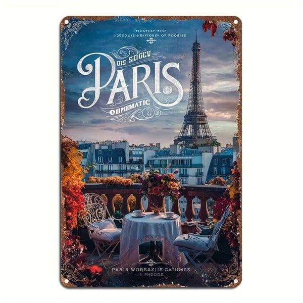 High Definition Tin Metal Sign Wall Art - "Vintage Retro Paris Eiffel Tower Autumn Rooftop Cafe Scene with Floral Decor and Clas 26H0507