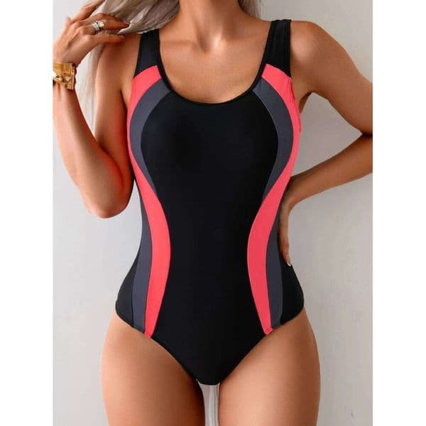 Women's Color Block One Piece Swimsuit Open Back Slim Fit Athletic Bathing Suit for Training & Beach 26W0507