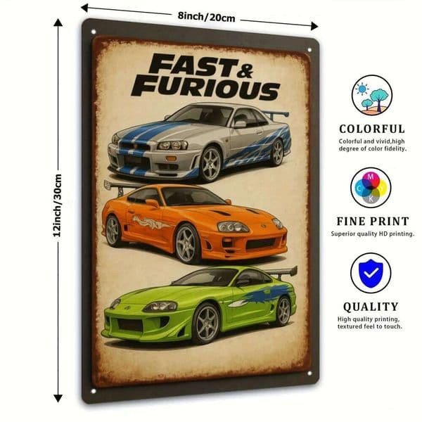 High Definition Metal Tin Sign Fast & Furious Classic Sports Cars, Retro JDM Vehicle Wall Art Decor for Garage Man Cave, Vintage 26Y0507