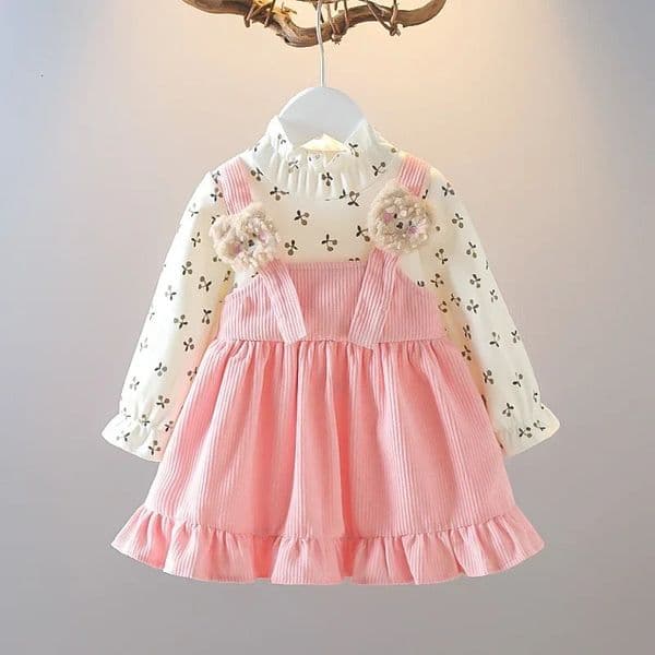 Two Pieces Dress Corduroy Cartoon Bear Cherry Print Splicing Dresses Girls Princess Birthday Gift Kid Spring Autumn Clothes 260507