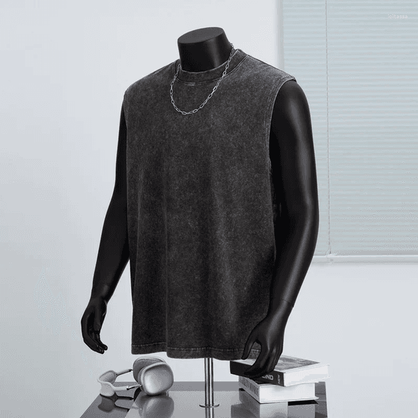 Men's Tank Tops Cotton Pullover Shirt High Street Plain-colored Retro Loose-sleeved T-shirt