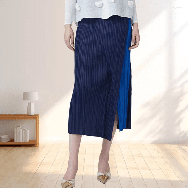 Skirts Miyake Pleated Women's Skirt Straight Split Midi Simple Color Clash Design Casual Commuter Clothes Korea High Quality Clothing