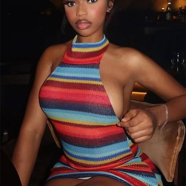 Kliou Stripe Patchwork Mini Dress Woman Bandage Halter Off Shoulder Backless Skinny Peach Hip Girls Street Fashion Bodycon 260430