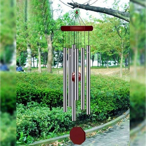 1pcs red silver aluminum pipes wind chime classic octagonal wood hang tag 6 metal tubes courtyard corridor balcony decor 26H0508