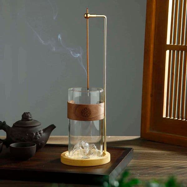 Glass Mountain for Sticks Holder Cord Lock Anti-Ash Flying Incense Burner with Ash Catcher 26H0508