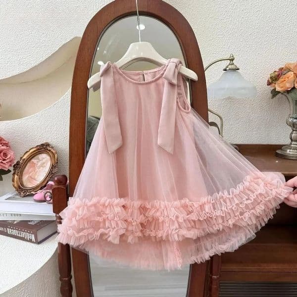 Pink Dreamy Sweet Girl Fairy Princess Dress Sleeveless Bow Decoration Mesh Lace Childrens Casual Clothes Birthday Party Summer260507