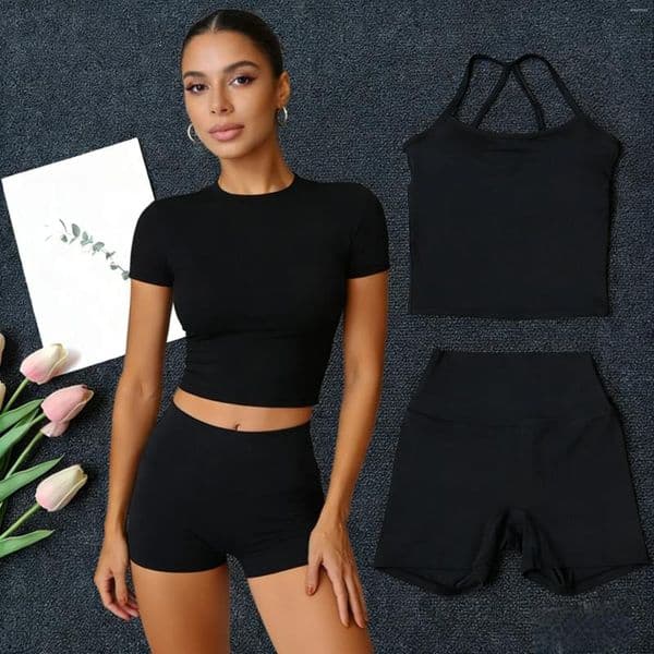 Active Sets Women's Solid Color Yoga Set Breathable Fitness Bra Running Sports Top Shirt Shorts Gym Sportswear