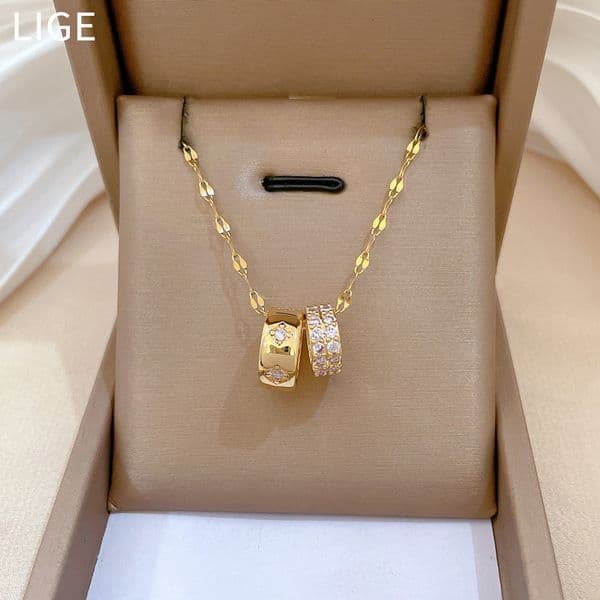 Luxury Brand Designer Jewelry Steel Double Ring Small Waist Full Diamond Fashion Light Luxury Elegant Gorgeous Full Diamond Necklace For Women Versatile Collarb