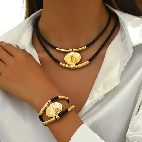 Vintage Oval Metal Faux Leather Necklace Bracelet For Women Fashion Gold Silver Color 2Pcs/Set Double Layered Chain Jewelry Sets260429