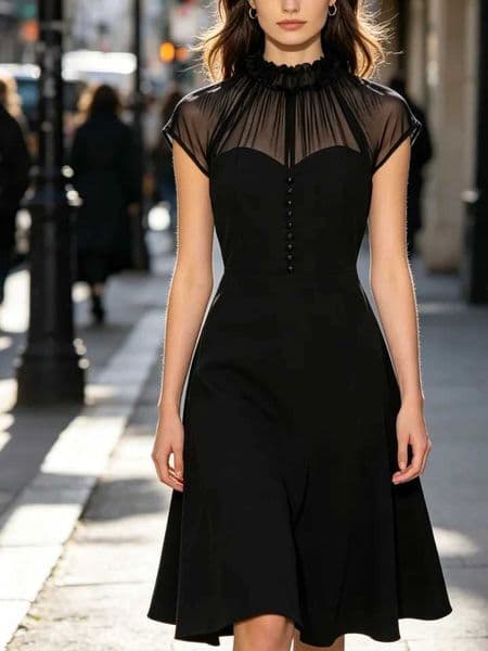 Womens Elegant Black Mesh Ruffle Neck Midi Dress - Vintage High Neck Shr Panel Button Detail Fit Flare A-Line Dress casual L260508