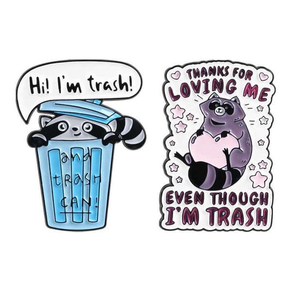 Funny little raccoon brooch with self-deprecating text, versatile accessory for bags and clothing, niche badge