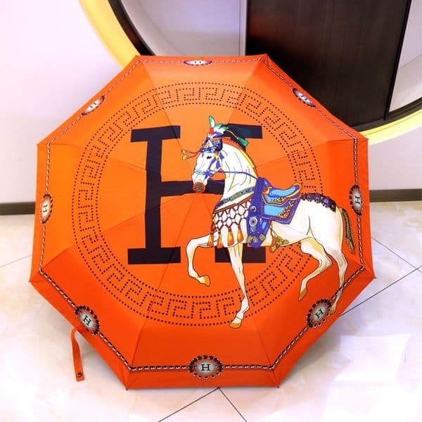 Luxury Designer Umbrella Carousel Horse Printed 3 Fold Manual Men & Women Parasol High Quality Red/Black/Orange Business Rain & Sun Protection with H-logo and Retail Box