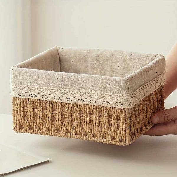 1pc Handmade Rattan Storage Basket Desktop Rattan Storage Basket With Removable Lace Lining Suitable For Cosmetic StorageJ260508