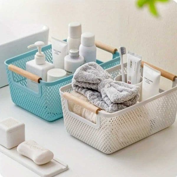Plastic Hollow Storage Basket Rectangle Wood Handle Sundry Storage Basket Mti Functional Large Capacity Woven Mesh BasketJ260508