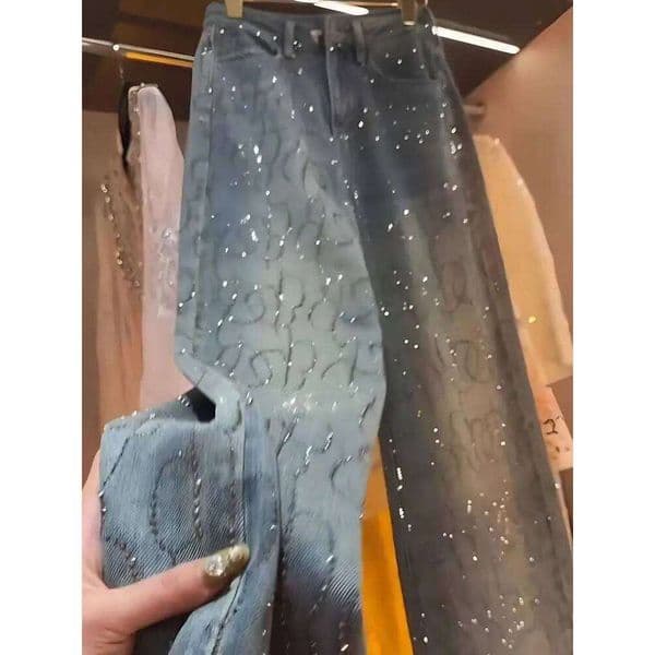 Dia Jeans For Women Shiny High Waist Loose Wide Leg Denim Blue Rhinestone Mopping Pants Streetwear Fashion Trousers