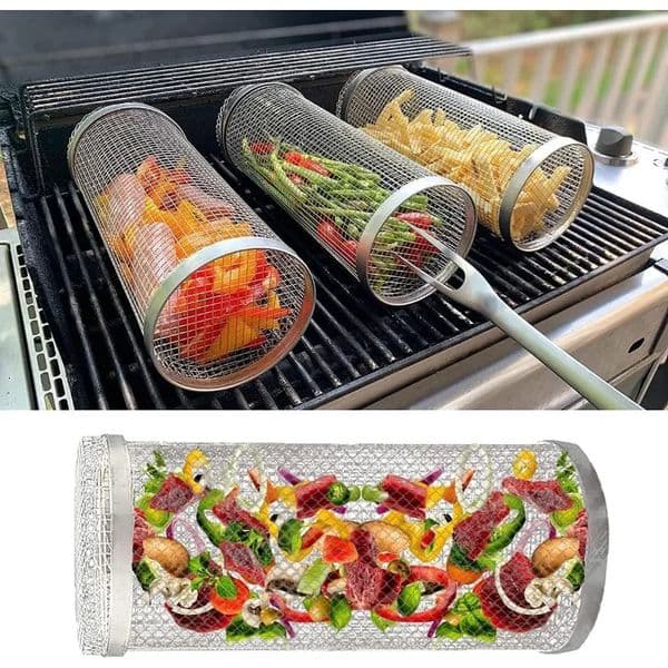 BBQ Grill Basket Rolling Grilling Basket Barbecue Cages Barbecue Grill Grate Cylinder Grilling Baskets for Outdoor Camping 260508