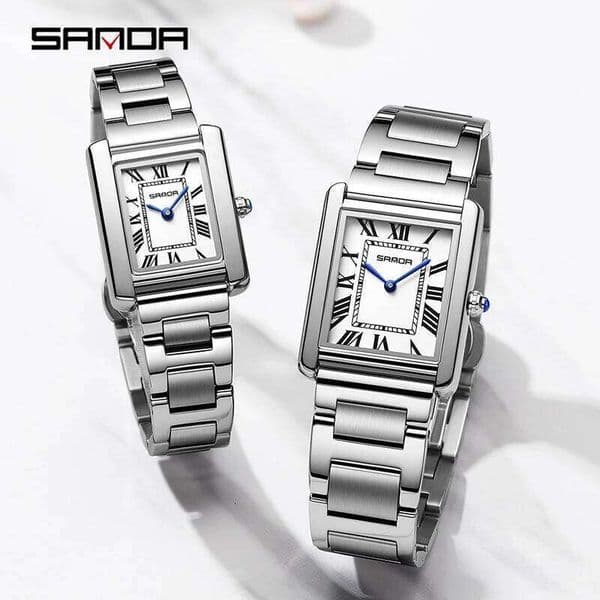 SANDA Fashion Business Men Women Quartz Watch Roman Numeral Square Stainless Steel Waterproof Wristwatch Lovers Casual Watches 26L0508