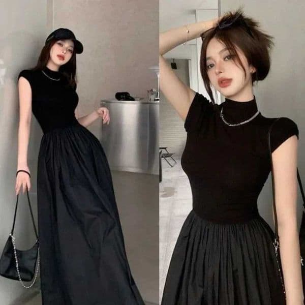 Women Black Patchwork Half-High Collar Dress Vintage Temperament Short Slve Midi Dress Korean Chic Slim A-Line Dresses Ladies L260508
