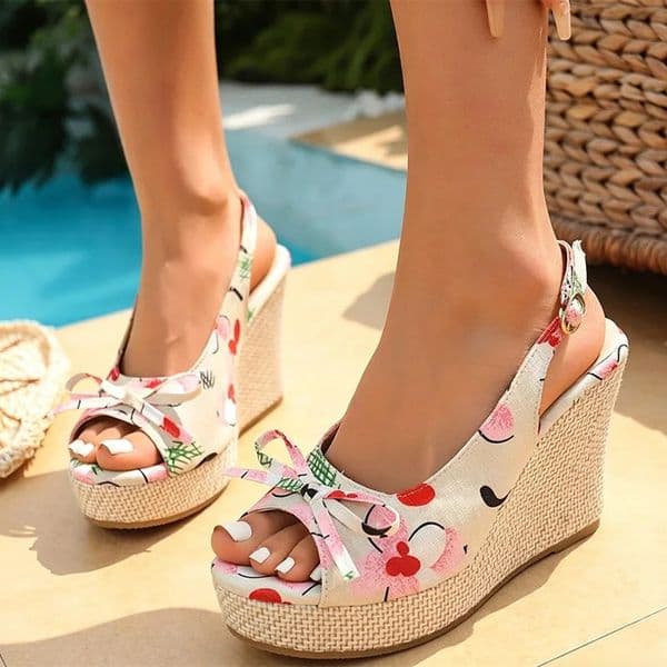 Bohemian Floral Back Strap Wedge Heel Sandals Womens Summer Bowknot Chunky Platform Super High Heels Slippers Lightweight Shoes 260508