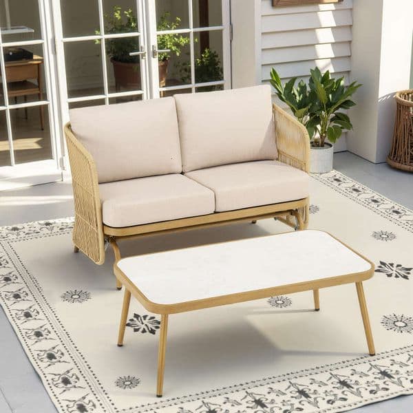 2-Person All-Weather PE Rattan Glider Loveseat Coffee Table, Outdoor Patio Sofa Set with Beige Cushions (Weather-Resistant)