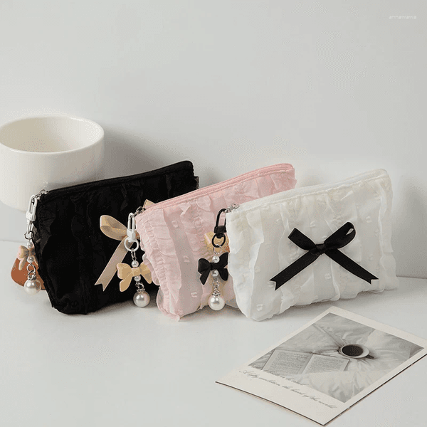 Cosmetic Bags Korean Lace Bow Mini Bag Cute Portable Coin Purse & Makeup Pouch For Women Kawaii Storage With Zipper