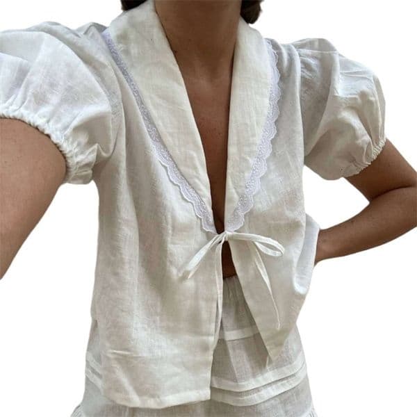 Womens Linen Lace-Up irt Casual Loose Fit ort Sve Polyester Blend Comfortable Loose Sle Pure Color Summer irt 260506